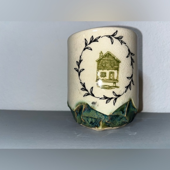 Handmade Studio Pottery Mug Folk Art House Signed Crackle Glaze Spiky Base